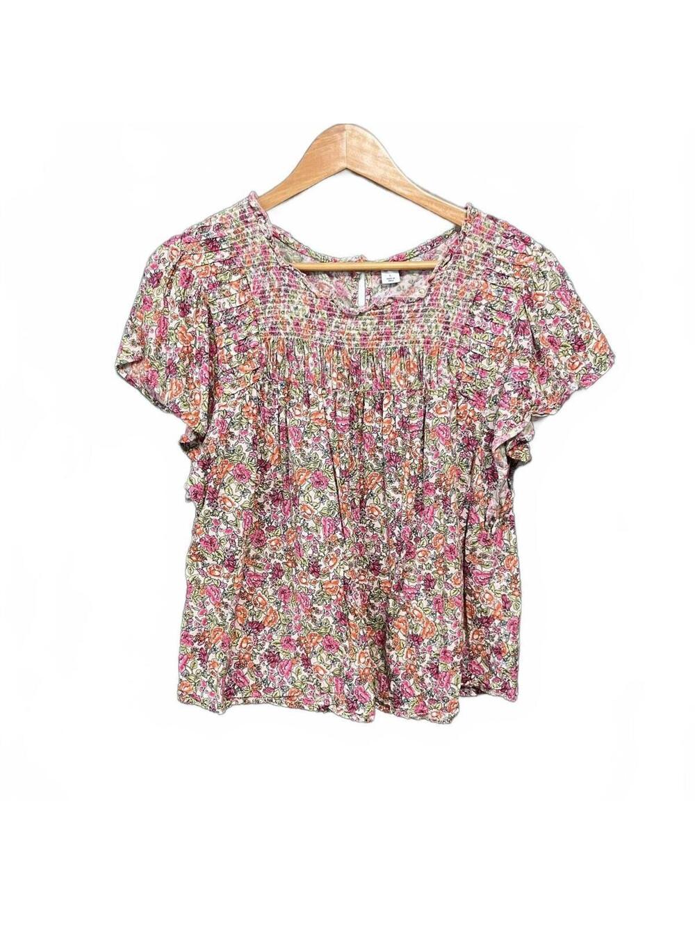 Old Navy Boho Floral Top Size L, Smocked Peplum Cottagecore Cotton Ruffle Blouse